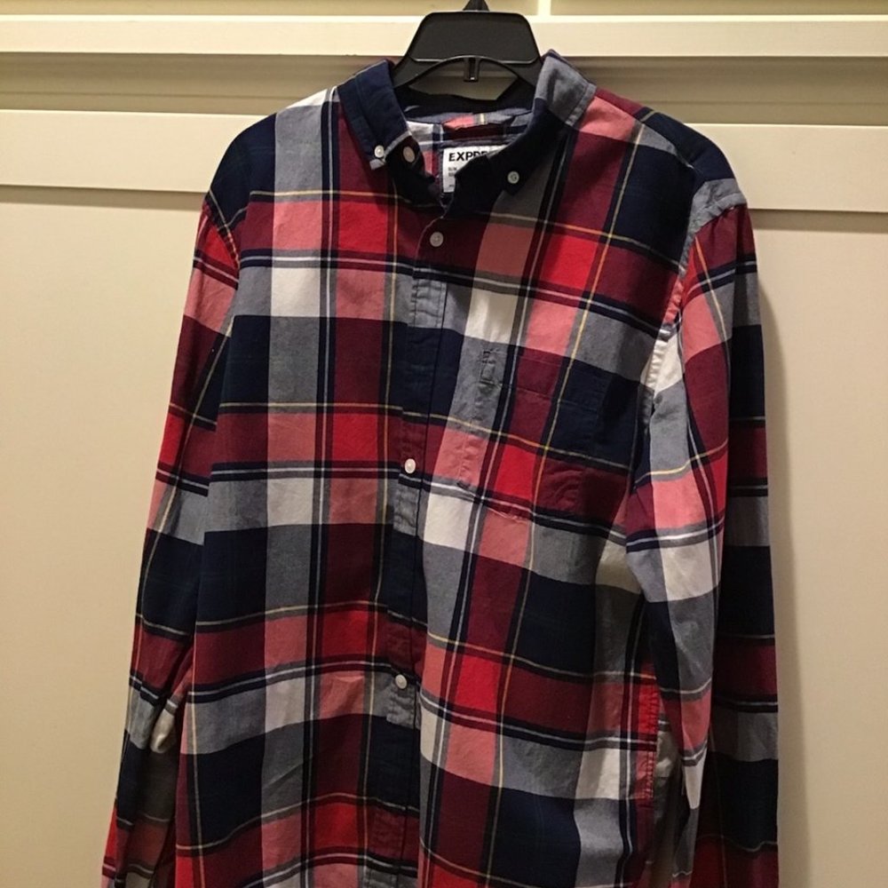 Men's Express Red & Blue Plaid Shirt, Slim Fit , Medium